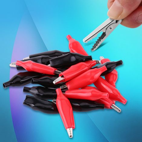 Lot de 20 pinces crocodiles métalliques de 45 mm pour testeurs de tension, noires et rouges. (1/5)