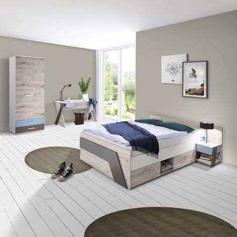 Jugendzimmer Set mit 140x200cm Kojenbett LEEDS-10 in Sandeiche Nb. mit weiß, Lava und Denim Blau (1/5)