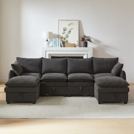 Sofá esquina modular con 4 módulos de asiento, 2 pufs, cojines y cojines de reposabrazos, marco de madera maciza, en felpa, gris (1/5)