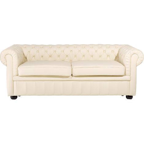 Sofá Chesterfield de 3 plazas de piel beige claro con respaldo capitoné sala de estar vintage y glamour Chesterfield