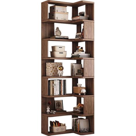 Libreria angolare moderna e alta con 5/6/7 ripiani per soggiorno, camera da letto, cucina, ufficio, scaffali portaoggetti in legno a forma di L, scaffale espositivo (marrone 65)