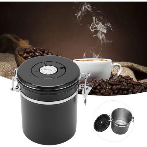 Boîte de Rangement à Café Acier Inoxydable 1.5L Noir avec Cuillère et Étiquette de Suivi Date - Conteneur Hermétique pour Grains de Café (1/5)