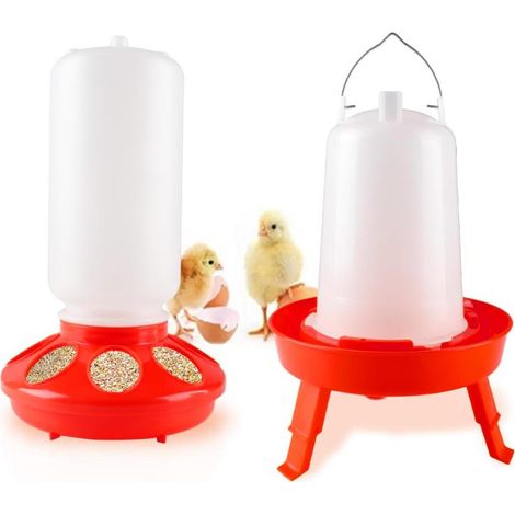 Juego de comedero y bebedero para pollitos Yharnamite, accesorios para pollitos, comedero de 1 litro y bebedero de 1,5 litros, bebedero para aves de corral de altura regulable (rojo) (1/5)