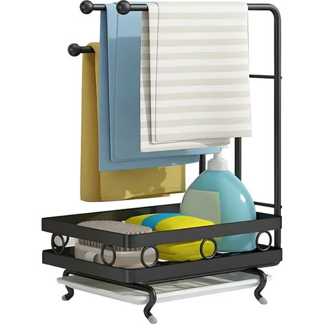Heikoeco® Organiseur d'Evier, Organiseur de Cuisine en Métal, Organiseur de Salle de Bains avec Porte-éponge & 3 Porte-Lavons & Egouttoir Amovible, Rangement Extra Durable pour Cuisine (Noir, Debout)