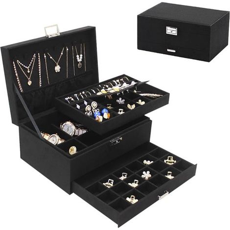 Boîte de rangement à bijoux 3 couches - Coffret à bijoux avec serrure et tiroirs - Présentoir en velours pour colliers, bracelets et boucles d'oreilles - Pratique - Noir (1/5)