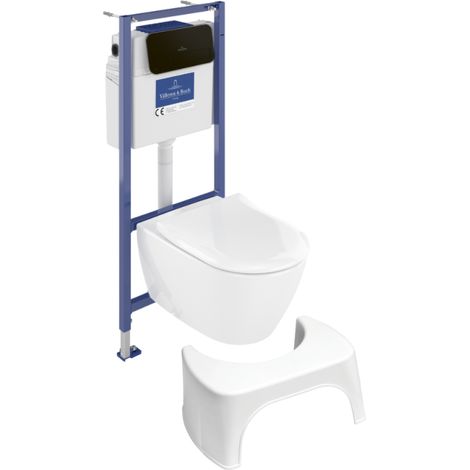 Pack inodoro VILLEROY ET BOCH Subway 2.0 sin reborde con asiento de cierre suave + estructura Viconnect PRO + placa negra mate + taburete blanco