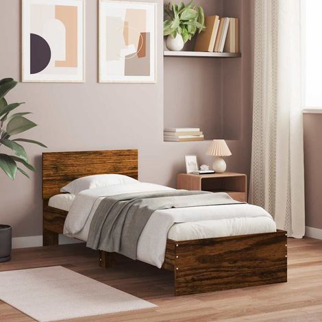 Cadre de lit 90 x 200 cm avec tête de lit, lattes en bois d’ingénierie, chêne fumé, sans matelas - PANGIVO (1/5)