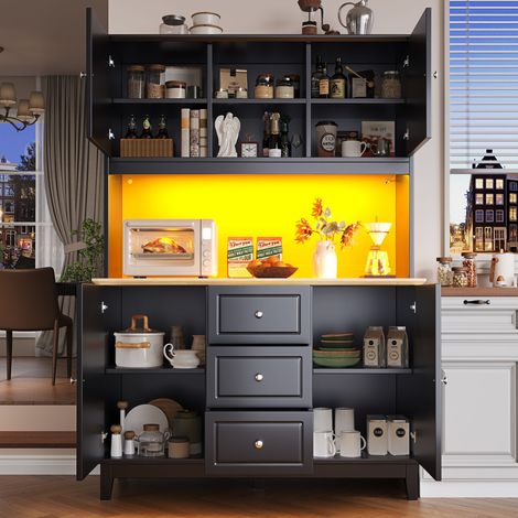 Armoire haute 120×40×180 cm éclairage LED commande app,4 portes 3 tiroirs,vitrine cuisine fonction musique anti-basculement.