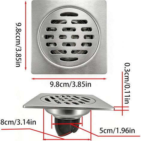 Ncheli Egout de Sol INOX Carre env. 100mm Grille et Siphon pour Salle de Bain Cuisine Balcon Systeme Anti-Odeur Automatique Compatible Tuyaux 50-75mm Entretien Facile Acier Gris (1/4)