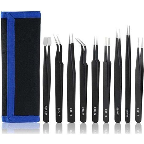 9 Pièces Pince de Precision, Anti-statique Pince Brucelle ESD de Précision Entretien Outils Kit, pour Réparation Composant Electronique