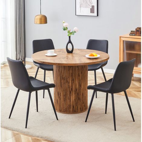 Conjunto comedor Ø100x76 cm MDF efecto madera y 4 sillas de PU negras, moderno FloraGrace (1/5)