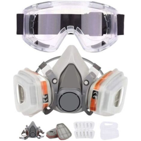 Demi-masque respiratoire, respirateur chimique réutilisable avec 10 cotons filtrants et lunettes de protection, bouchons d'oreilles et gants pour la peinture au pistolet, le gaz, la poussière, le poli