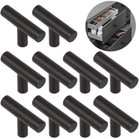 10 poignées de porte de cuisine, entraxe de 50 mm, poignées de meubles en acier inoxydable noir. (1/5)