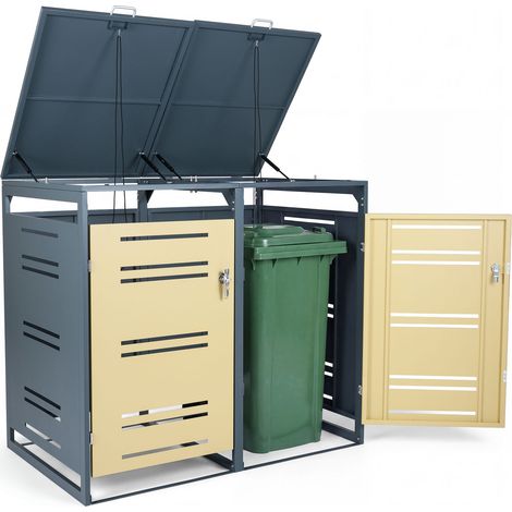 Cache Poubelle Exterieur pour 2 Bacs à Déchets, 1,24 m³ Abri de Jardin en Métal avec Vérin à Gaz, Amortisseur, Portes Verrouillables, Jaune (1/5)