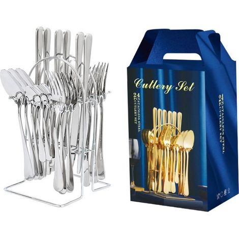 Ensemble cadeau de couverts en acier inoxydable de style western : couteau à steak, fourchette et cuillère. (1/5)