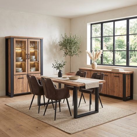 Salle à manger complète industrielle chêne noir – Buffet 225x45cm – Vitrine 126x45cm – Table 190x95cm ou 220x95cm – Éclairage LED intégré – Deladeco