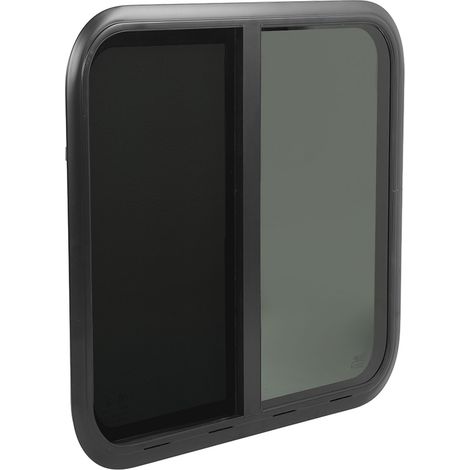 Abgerundetes Schiebefenster 800x600 mm, UV-beständiges schwarzes Sicherheitsglas mit abnehmbarem Moskitonetz, Wandstärke 26-31 mm, für Wohnwagen, Wohnmobile und Lieferwagen. (1/5)