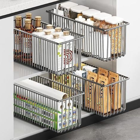 Lot de 4 Tiroir Coulissant Cuisine Adhesif Étroit 15,3cm, Organisateur Tiroir Sans Perçage, Rangement Placard Coulissant, Panier pour Armoire sans Cadre, Noir, Profondeur 41cm (1/5)
