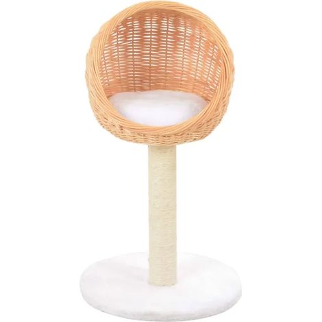 Arbre à chat en bois naturel avec griffoirs en sisal, niches et plateformes peluchées (1/5)