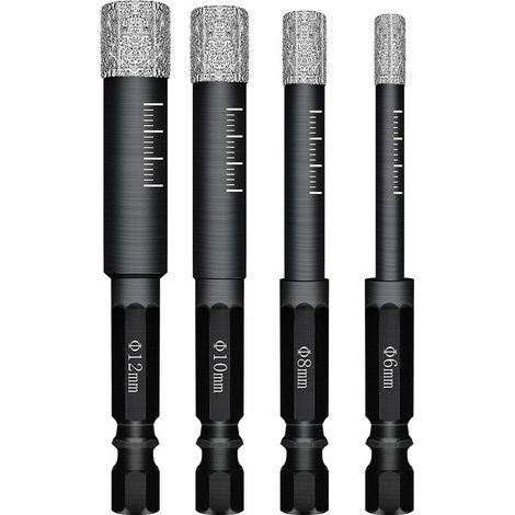 Set di 4 punte diamantate a secco con attacco esagonale, 6/8/10/12 mm, seghe a tazza brasate sottovuoto per piastrelle in ceramica, marmo e granito. (1/5)