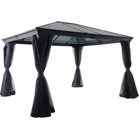 Hesperide – Pergola Belize 3,6x3m en aluminium graphite – Toit polycarbonate 6mm – 4 rideaux et moustiquaires inclus – Hauteur d'entrée 196cm