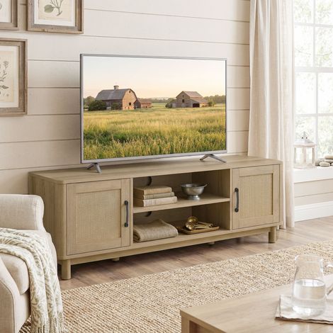 Meuble TV pour écran jusqu'à 65 pouces avec 2 portes en rotin compartiments ouverts chêne 135 cm
