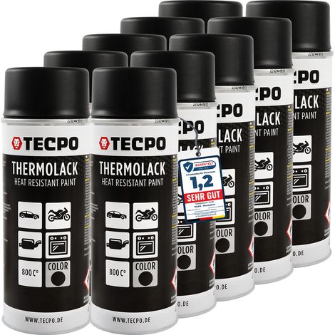 TECPO Thermolack Spray Dose 10x 400ml Auspufflack Autolack Ofenlack Bremssattellack hitzebeständig bis 800°C schnell trocknend Auto Lackspray Schwarz Matt schützt Motor und Auspuff vor Rost (10er-Pack