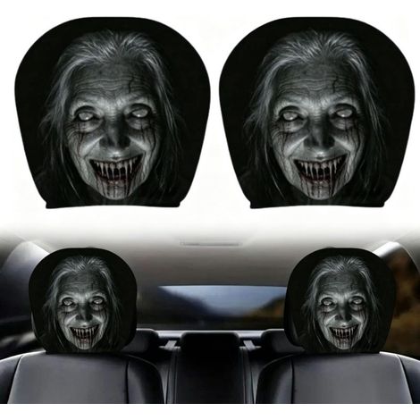 Beyamis Lot de 2 housses d'appuie-tête de voiture effrayantes avec des visages de fantômes, en polyester, pour une décoration intérieure de véhicule d'Halloween terrifiante, style 8. (1/5)