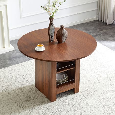Table ronde 100x100x76 cm noyer MDF 4-6 personnes étagères (1/2)