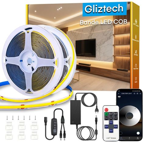 Gliztech Warm White COB LED Strip 30m Dimmable 2700K IRC90+ with APP and Remote Control LED Cob Tape is ideal for indoor lighting of bedrooms living rooms kitchens etc (1/5)