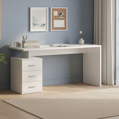Dmora - Escritorio Siro, Escritorio lineal, Escritorio de oficina multiusos, Escritorio multiposición que ahorra espacio, 160x60h75 cm, Blanco (1/5)