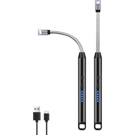 Lot de 2 briquets électriques coupe-vent sans flamme avec col flexible à 360° et affichage LED pour foyers de camping et barbecue, noir.