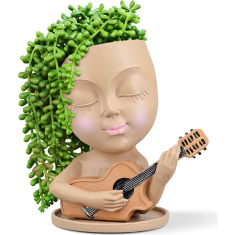 Maceta decorativa con rostro humano - Maceta pequeña de resina con forma de guitarra para decoración de interiores (marrón claro) (1/5)