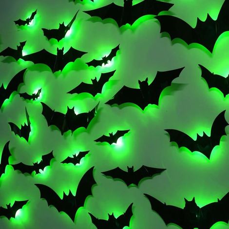Lot de 36 Chauves-Souris Halloween 3D LED Vert, Décoration Murale Intérieure pour Chambre Porte Miroir Fête (1/5)