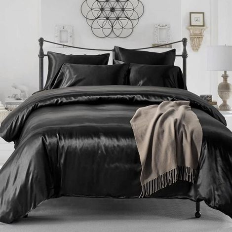 Parure de drap en Soie Satinée - WOVTE Parure de lit 4 Pcs avec 2 Taies d'oreiller, 1 Drap, 1 Housse de Couette - Noir - 220x240cm (1/4)
