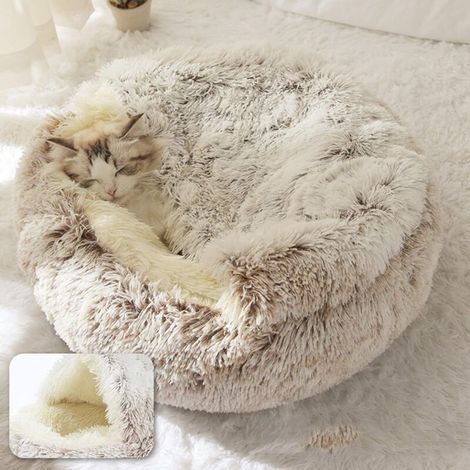 Lit pour chat en peluche semi-fermé 25.6in Coussin moelleux auto-chauffant Antidérapant et imperméable Pour petits chiens et chats (1/5)
