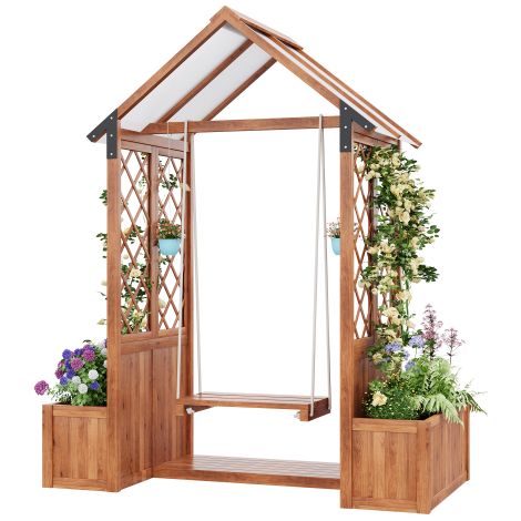 Pflanzkübel mit Spalier 163x142x70 cm, Blumenkasten mit Pergola, Schaukel und Polycarbonat-Dach, Pflanzkasten aus Holz für Garten Terrasse