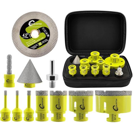 Foret Diamant Carrelage Kit - 6/6/8/25/35/50/68mm+10mm Forets à Fraiser+50mm Mèches Chanfrein+115mm Disque+Adaptateur Scie Cloche Carrelage Céramique Porcelaine Marbre Granit M14 Filetage