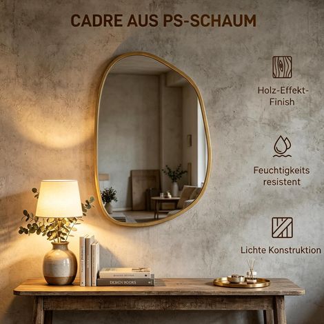 Miroir mural asymétrique 90 x 60 cm en verre trempé avec cadre effet bois naturel (1/5)
