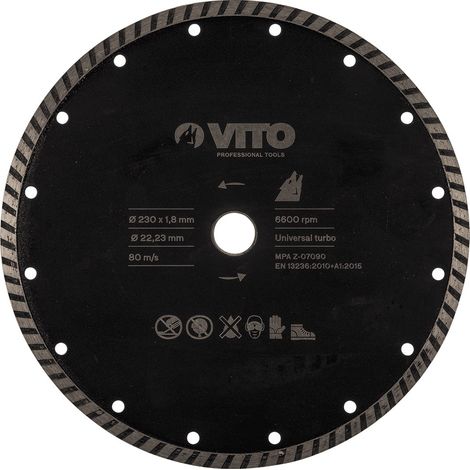 Vito – Disque diamant 230 mm – Coupe turbo pour pierre, marbre et granit – Alésage 22,5 mm – Performance optimale sur matériaux durs