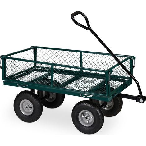Carrello di trasporto solido per giardino 100 x 60 x 30 cm con sponde ribaltabili e 4 ruote pneumatiche in acciaio verde 130011144