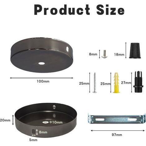 pezzi di copricavi in metallo nero per plafoniere 100 x 2 mm Rotonda Scatola di distribuzione a soffitto in metallo nero per lampadari, lampade a sospensione per soggiorno, cucina, corridoio (1/4)