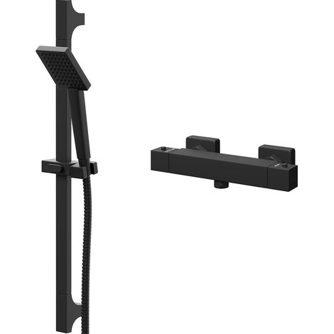 Colore Square Matt Black Thermostatic Bar Valve Mixer Shower with Square Slide Rail Kit (1/5)