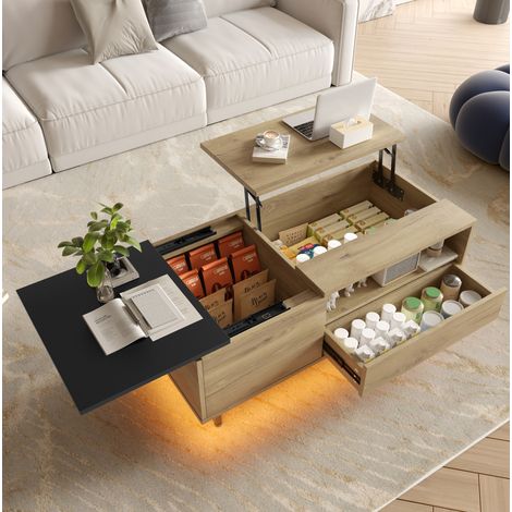 Mesa de centro de madera de ingeniería 103,5 cm natural, tablero elevable con almacenaje y LED (1/5)