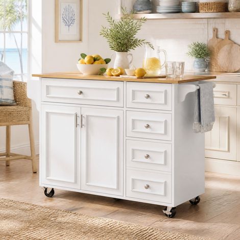 Mobile cucina isola pieghevole su ruote 110 x 75 x 92 cm, MDF e metallo, bianco DESVIAE (1/5)