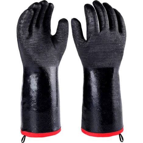 Gants isolés résistants à la chaleur/au froid pour barbecue/grill Mitaines de four pour fumeur,support de casserole, ignifuge à l'épreuve de l'eau et de l'huile avec revêtement en néoprène (14 ") (1/5)