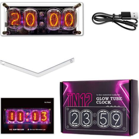 IN12 Nixie Tube Clock, 4 Digits, Timer Function, Power Failure Memory, 10 RGB Lighting Modes, USB-C Power Supply (1/5)