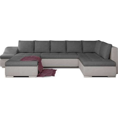 Canapé panoramique convertible JONAZ simili cuir, tissu - Rangement integré A gauche-Gris/Gris foncé-Méridienne A gauche
