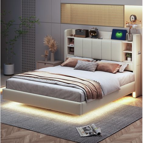 Bett 140x200 cm gepolstert in Beige mit klappbarem Kopfteil, Regalen, USB-Anschluss und LED-Lichtleiste