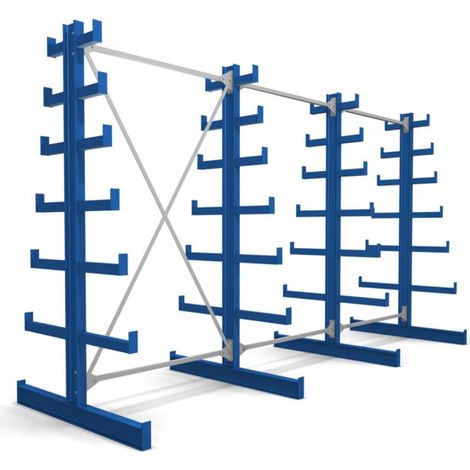 Rayonnage à bras en porte-à-faux STIER, double, 3 travées avec 6 niveaux décroissants 3900x2000x500 mm, bleu gentiane